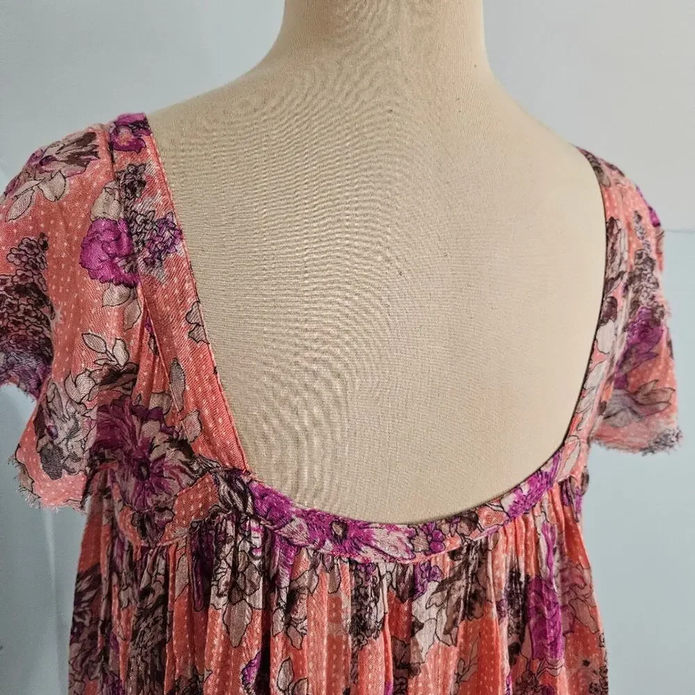FP One Peach‎ Pink Floral Boho Tunic Top S Crochet Hem Cap Sleeve Artemis Fairy